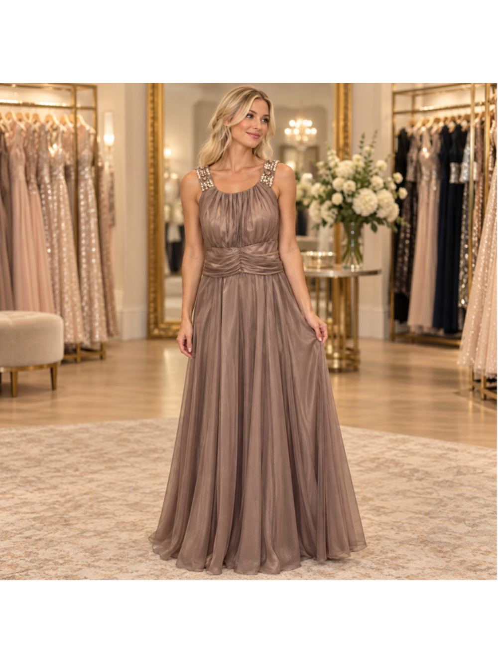 Women's David's Bridal Beaded Evening Gown Size 8 Champagne Taupe